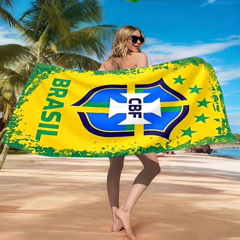 Ręcznik plażowy z mikrofibry z nadrukiem godła brazylijskiej piłki nożnej, Miękki i chłonny, Szybkoschnący, Idealny na letnie podróże, Niezbędny na plażę, Basen