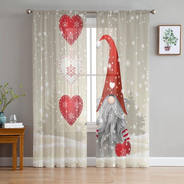 Christmas Gnome Wood Grain Snow Tulle Curtains For Living Room Decoration Modern Chiffon Sheer Voile Christmas Curtains
