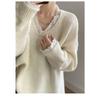 New Korean Fashion Lace Patchwork Pullover Loose Sweater Women Knitted Casual Versatile Tops Autumn and Winter V Neck Long Sleeve Solid Color Clothes