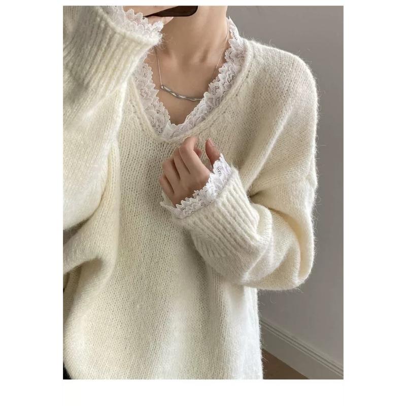 New Korean Fashion Lace Patchwork Pullover Loose Sweater Women Knitted Casual Versatile Tops Autumn and Winter V Neck Long Sleeve Solid Color Clothes
