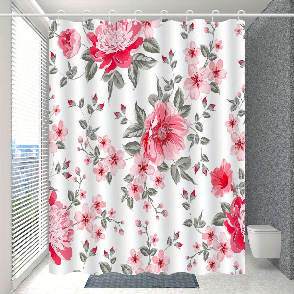 1pc Nordic Elegant Pink Floral Shower Curtain, High-end Elegant Bathroom Curtain, Bathroom Decoration Pattern