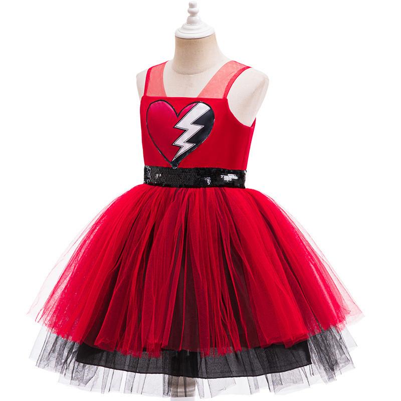 Kids Girls Heart Printed Sleeveless Mesh Tutu Dress Role Play Outfit Halloween Cosplay Costume