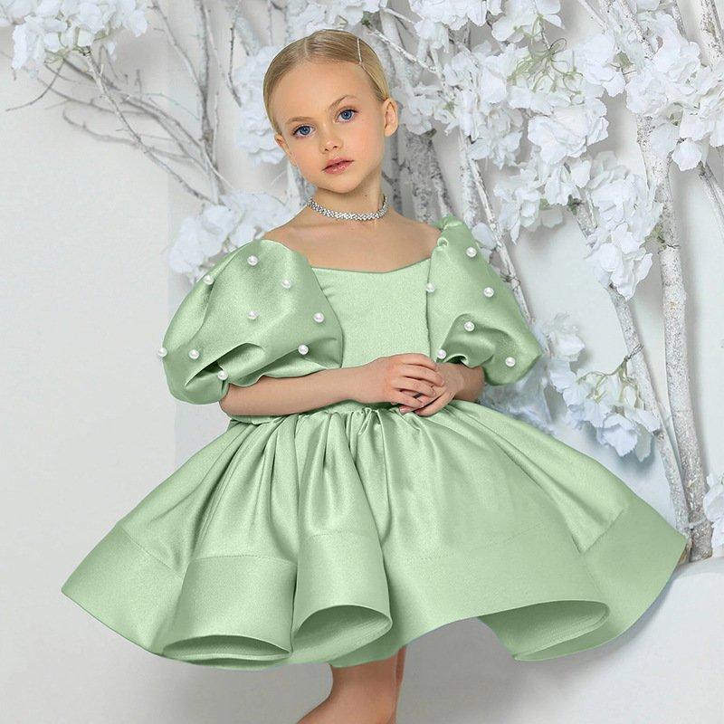 Children's Fashion Show Evening Gown, White Fluffy Silk Princess Dress, Small Host Performance Costume