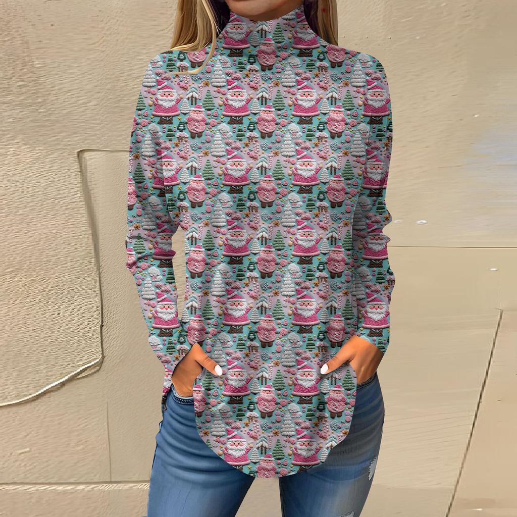 Damen Herbst Casual Langarmshirts Sweatshirt Vintage Bedrucktes High Neck Top Pullover