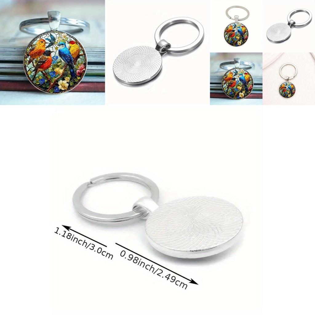 Cute Watercolor Bird Group Glass Keychain With Alloy Attachment For Gift And Accessory