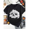 Kurzarm Halloween Totenkopf Katze Print T-Shirt, Rundhals Lässiges Oberteil für Sommer & Frühling, Damenbekleidung