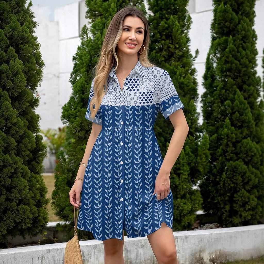 Women's Casual Loose Fit Shirt Dress Button Front Short Sleeve Collar Dress with Floral Print and Border Pattern Suitable for Daily Wear