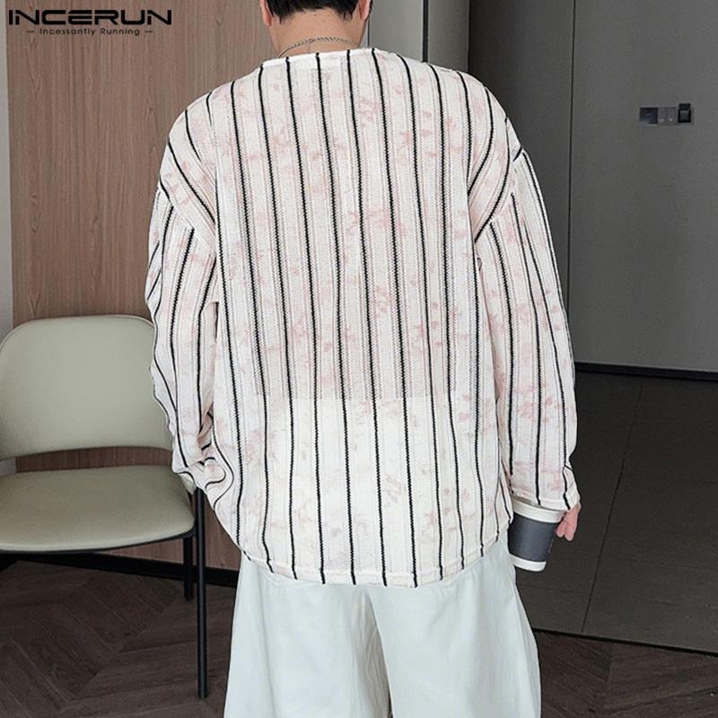 INCERUN Men Long Sleeve Striped Crochet Hollow Semi-Sheer Texture Tops T-shirts