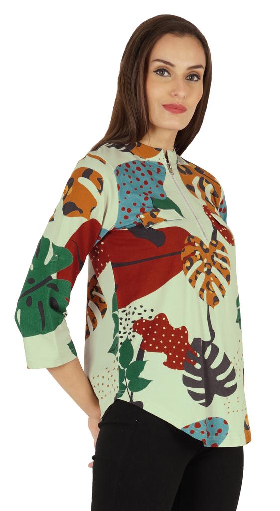 Inkmeso Fashionable Printed Casual Top For Women  s Mandarin Collar Relaxed-Fit Tunic