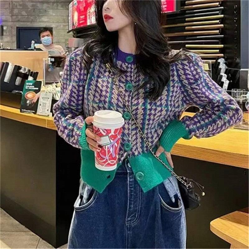Cardigan Feminino Outono Novo Solto Gola Redonda Thousand Birds Check Manga Comprida Cardigan De Malha Casaco Suéter Trespassado