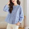 Female Spring Long Sleeve Round Collar Striped Shirt Single Row Multi Button Commuter Top