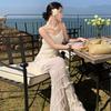 Sexy Suspender Premium Temperament Dress Pleated Lace Hip Wrap Hotel Dress Long Dress