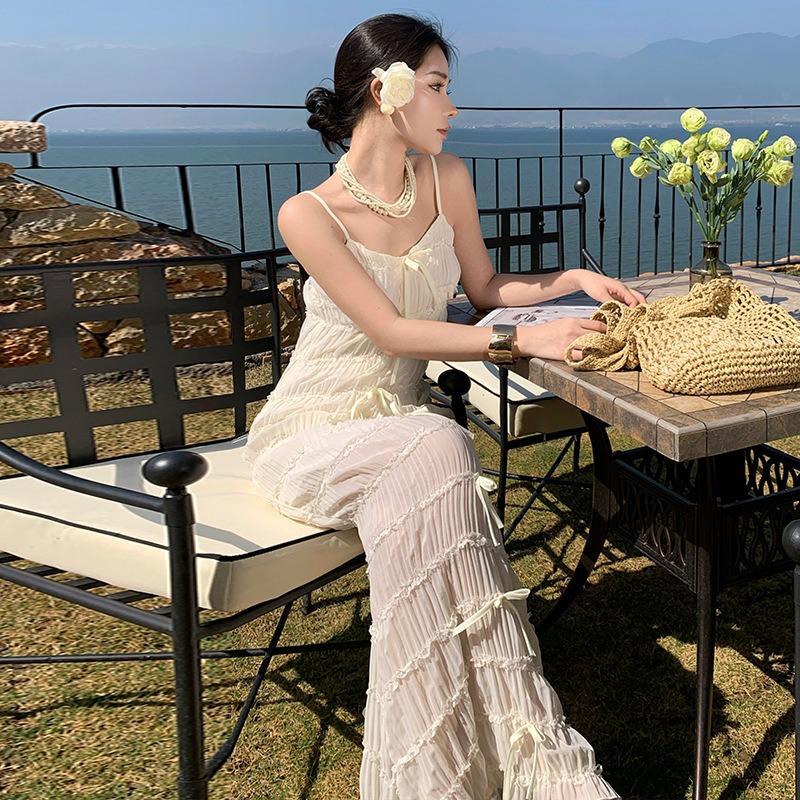 Sexy Suspender Premium Temperament Dress Pleated Lace Hip Wrap Hotel Dress Long Dress