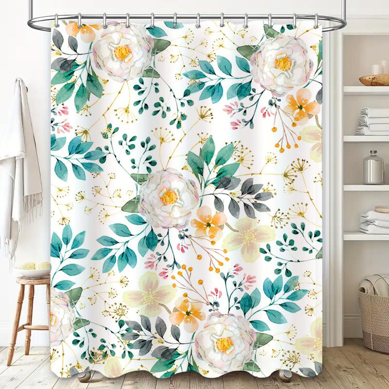 White Floral Shower Curtain Modern Bath Decor With Green Leaves Washable Fabric For Bathroom Various Sizes Available
