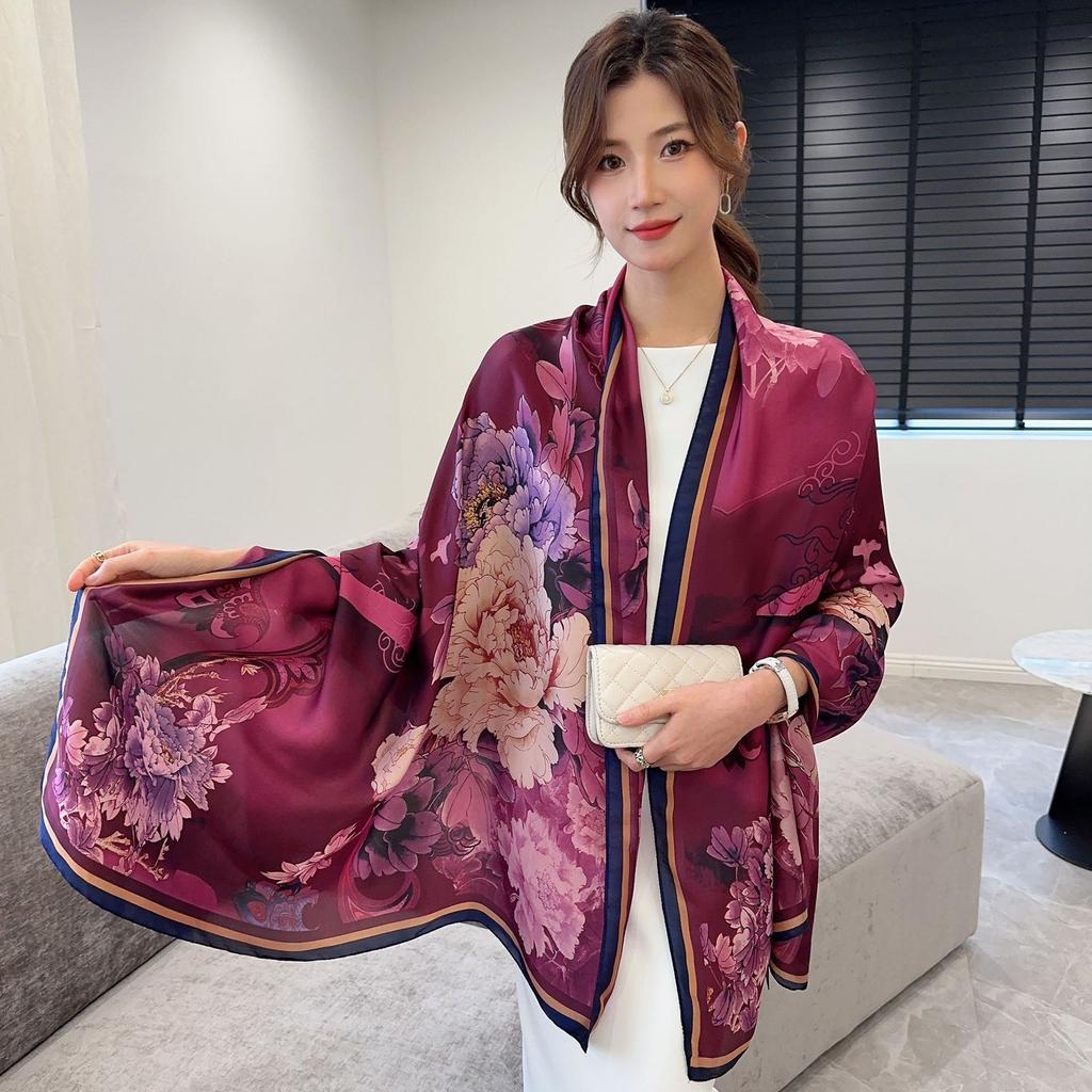 Lijin Wrought Long Scarf Oil Painting Flower Print Long Silk Scarf Spring and Autumn Premium Feeling Scarf