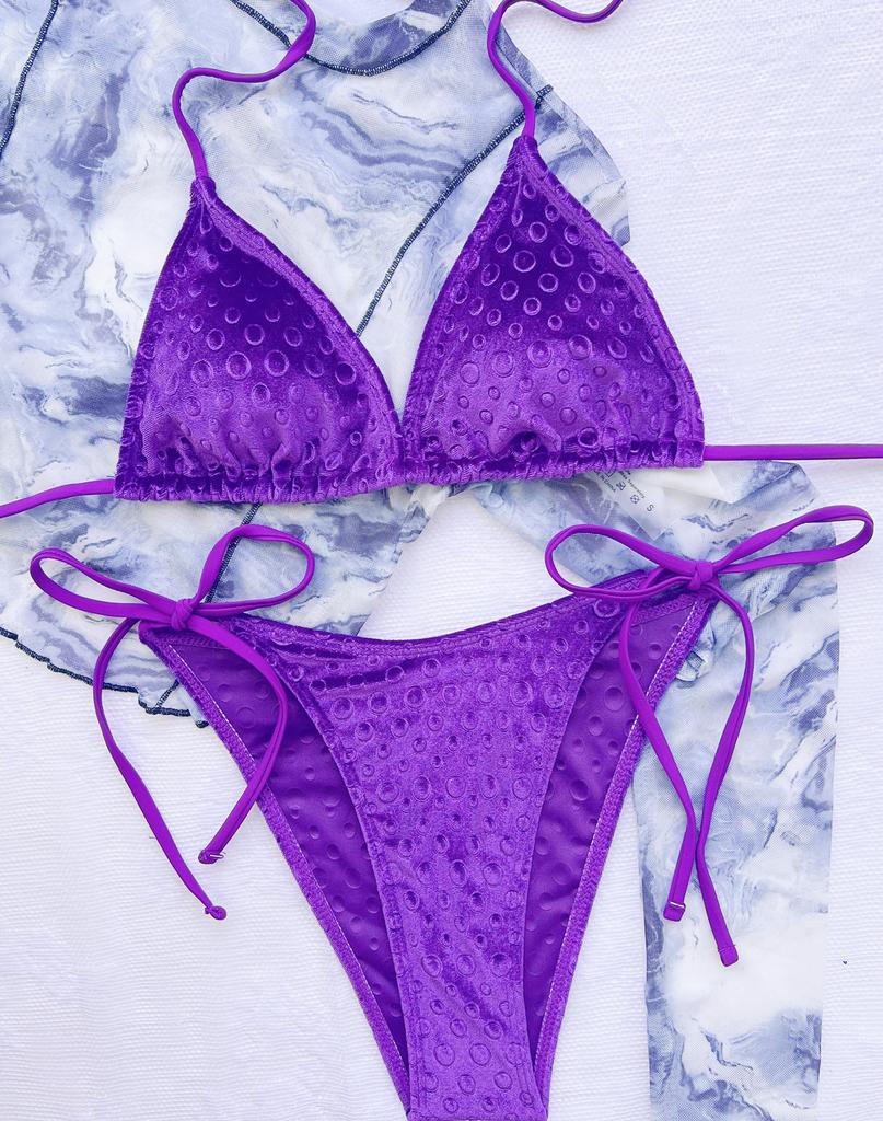 Women's Swimsuit Solid Color Creasing Halter Neck Sexy Side Ties High Waist Bikini Beachwear Bathing Suits