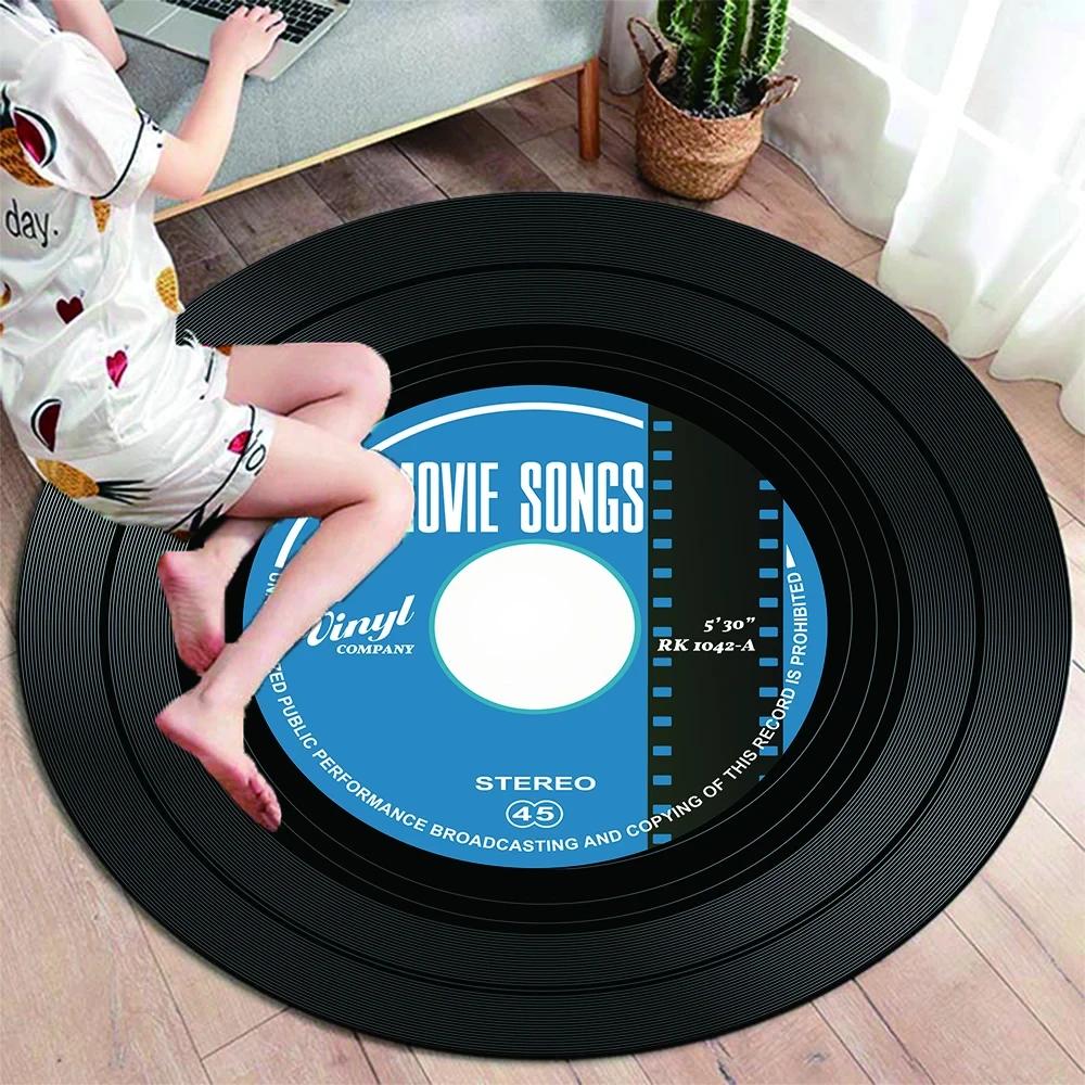 Runder Teppich mit klassischer Musik-Schallplatte, Teppiche für die Dekoration von Wohnzimmerstühlen, weiche, rutschfeste Bodenmatte zum Spielen für Kinder