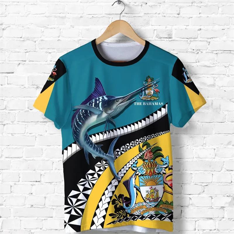 Men's 3D Printed T-Shirt Bahamas Flag and Emblem Print Short Sleeve O-Neck Pullover Casual Breathable Quick Drying Sports Top