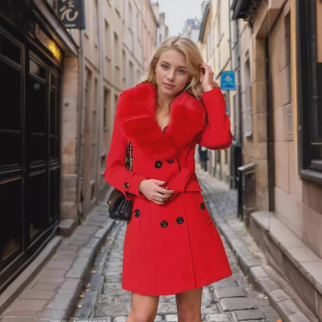 Damen Wollwintermantel mittlerer Länge mit großem Pelzkragen - Europäische Größe