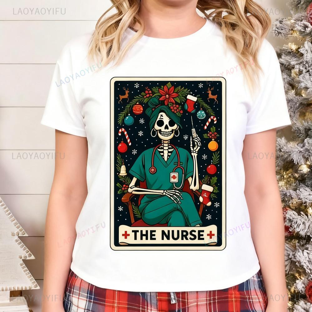 Christmas ER Nurse Tarot Shirt Emergency Nurse Life Holiday Tee Dia De Muertos The Nurse Skeleton Printed Tshirt Women Casual T S