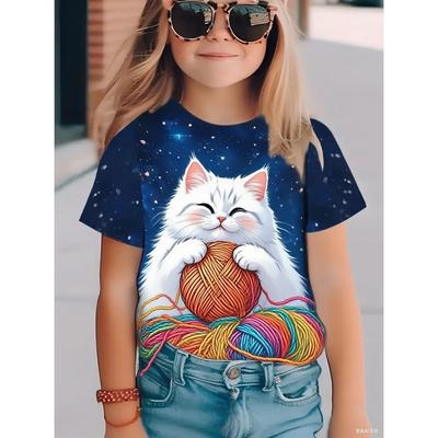 Fun Cat Girl T-shirt Summer Cartoon Pattern Girl Short Sleeve T-shirt Casual Round Neck Top Animal Children's Clothing Girl Clothing