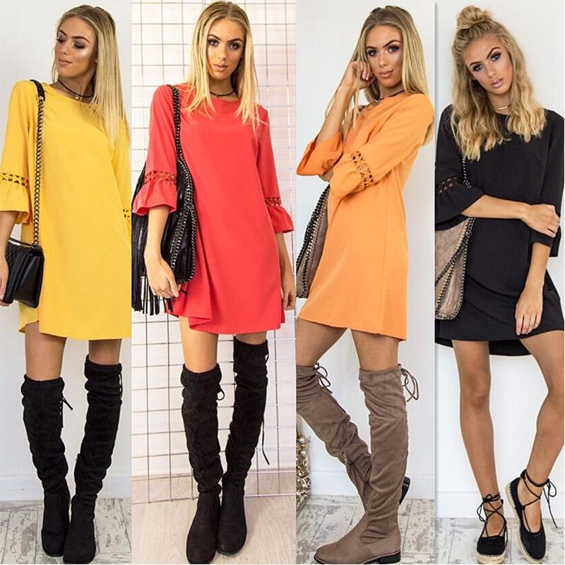 Stylish Autumn Candy Color Lace Stitching Dress With Casual Mid Sleeve Design