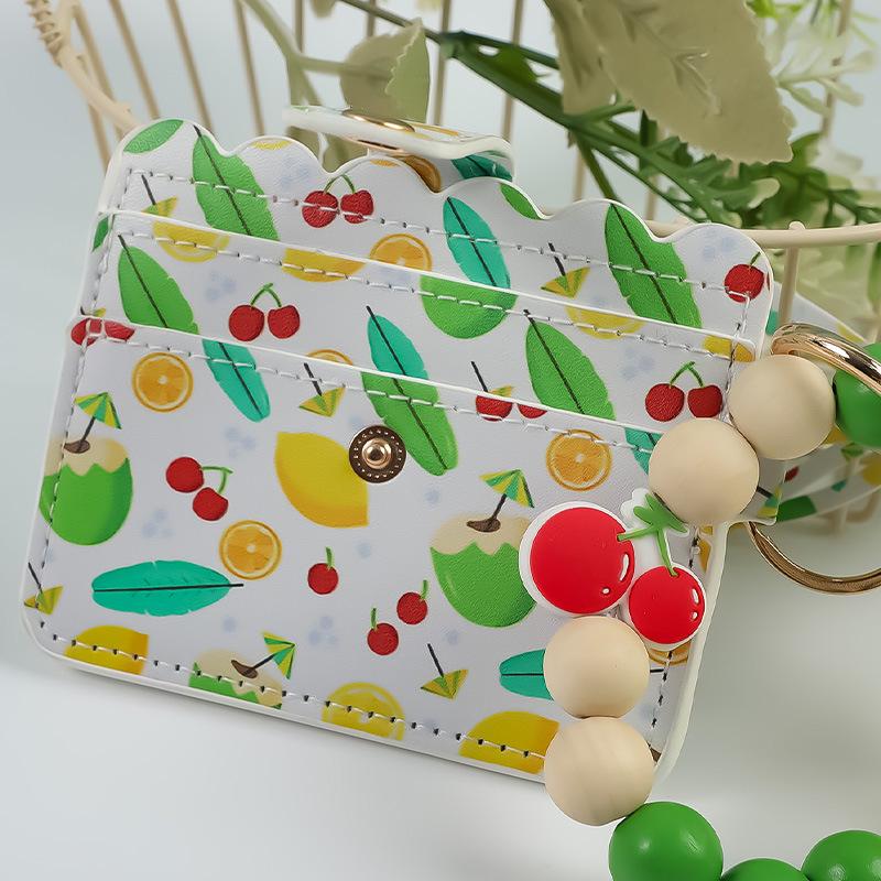 Fruit Print PU Card Holder with Beaded Keychain & Bracelet Wallet