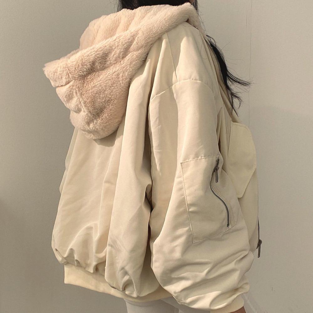 Winter Two Sided Plush Cotton Jacket for Women Loose Hooded with Thick Plush Coat for Women