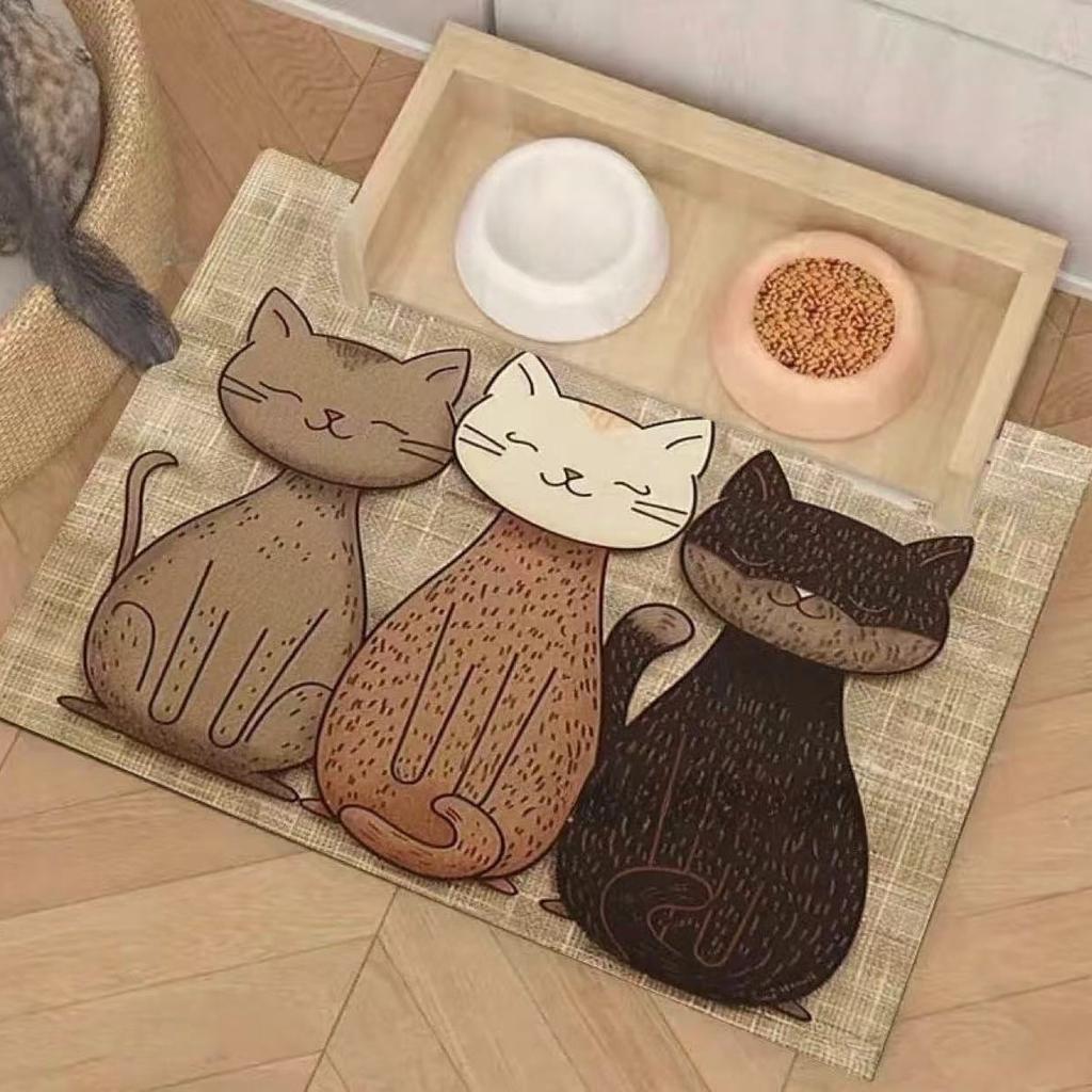 Non-Slip Cat Feeding Mat - 3 Cute Cats Design, Leak-Proof & Easy To Clean, Durable Silica Mud Pet Food Mat , Stylish & Functional Pet Placemat