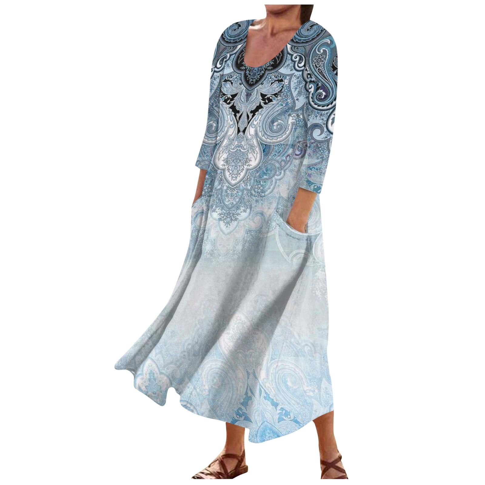 

Женское модное повседневное свободное карманное платье с круглым вырезом и рукавами 3/4 L синий