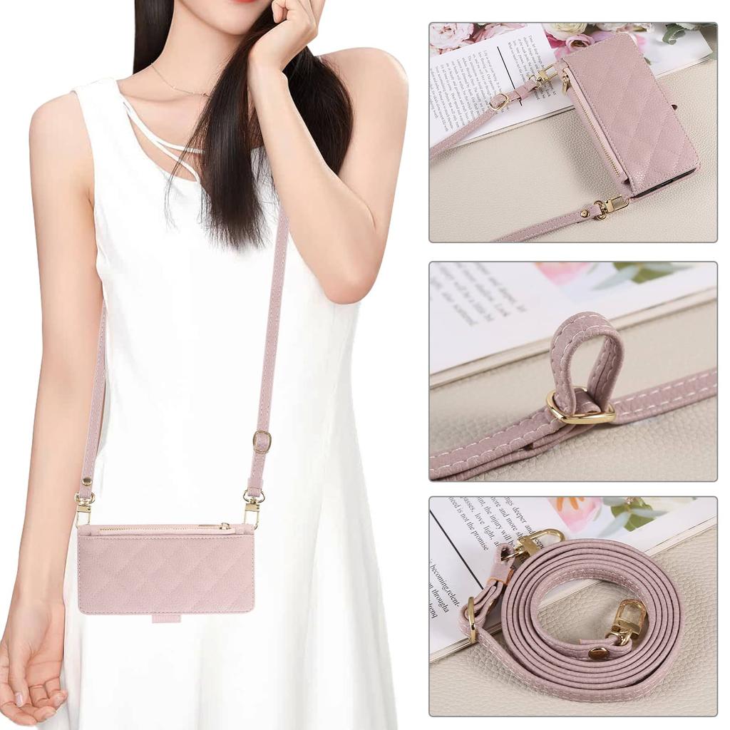 For Samsung Galaxy S25 Edge S24 S23 S22 S21 Ultra FE Wallet Case with Mirror, Wristlet & Crossbody Strap, Zipper Card Holder