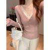 Spice Girl Wind Lace with Chest Pad Suspender Women's Spring Button Neck Pit Strip Sweater Bottom Shirt Two-piece Set