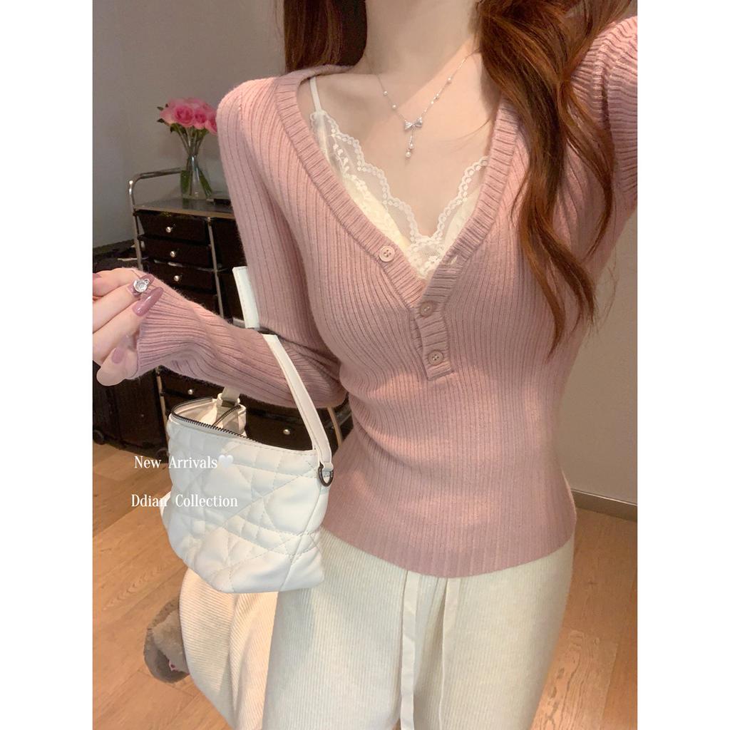 Spice Girl Wind Lace with Chest Pad Suspender Women's Spring Button Neck Pit Strip Sweater Bottom Shirt Two-piece Set