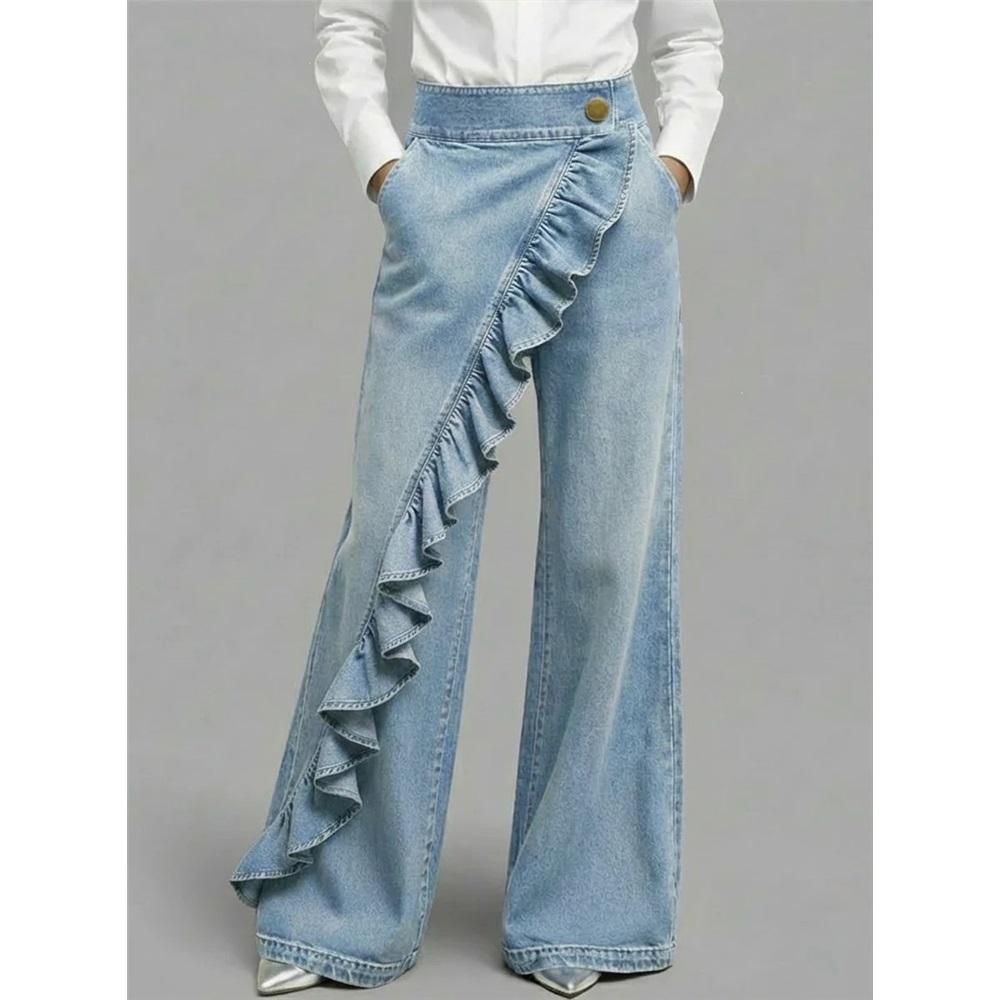 Fashion Women's Vintage Irregular High Waist Denim Trousers