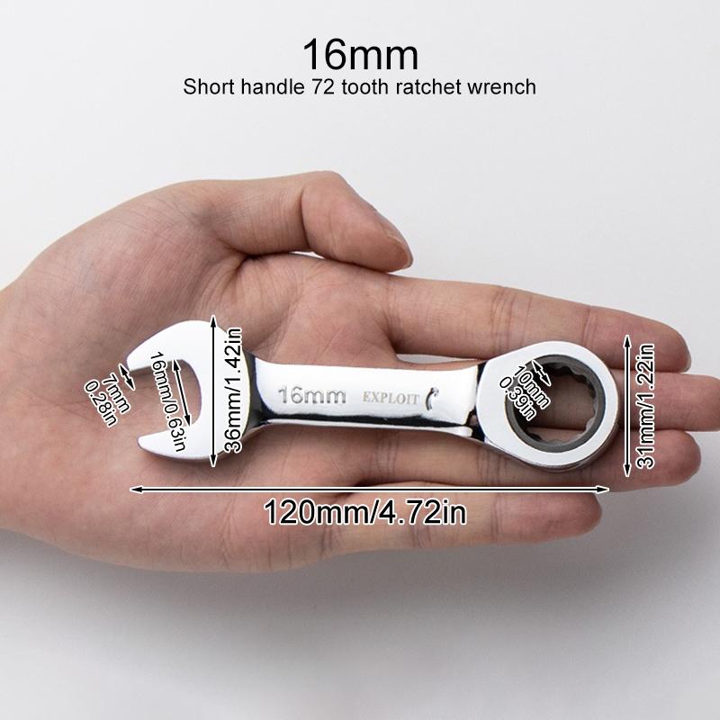 1Pc Metric Open End Wrench with Tight Spaces Gear Repair Hand Tools Steel Stubby Ratcheting Wrench Spanners 72-Tooth Car Repair