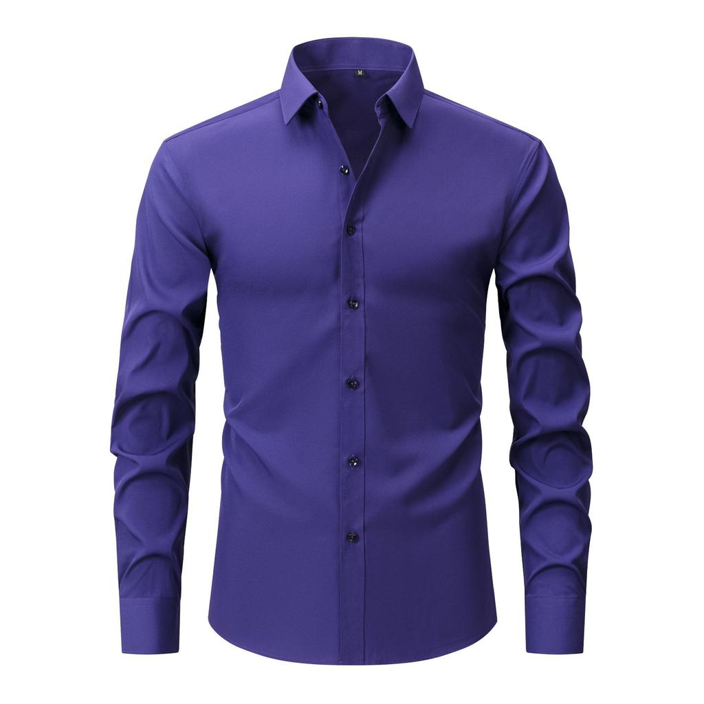 Men's Long Sleeve Solid Color Shirt Slim Fit Wrinkle Resistant Business Casual Formal Top