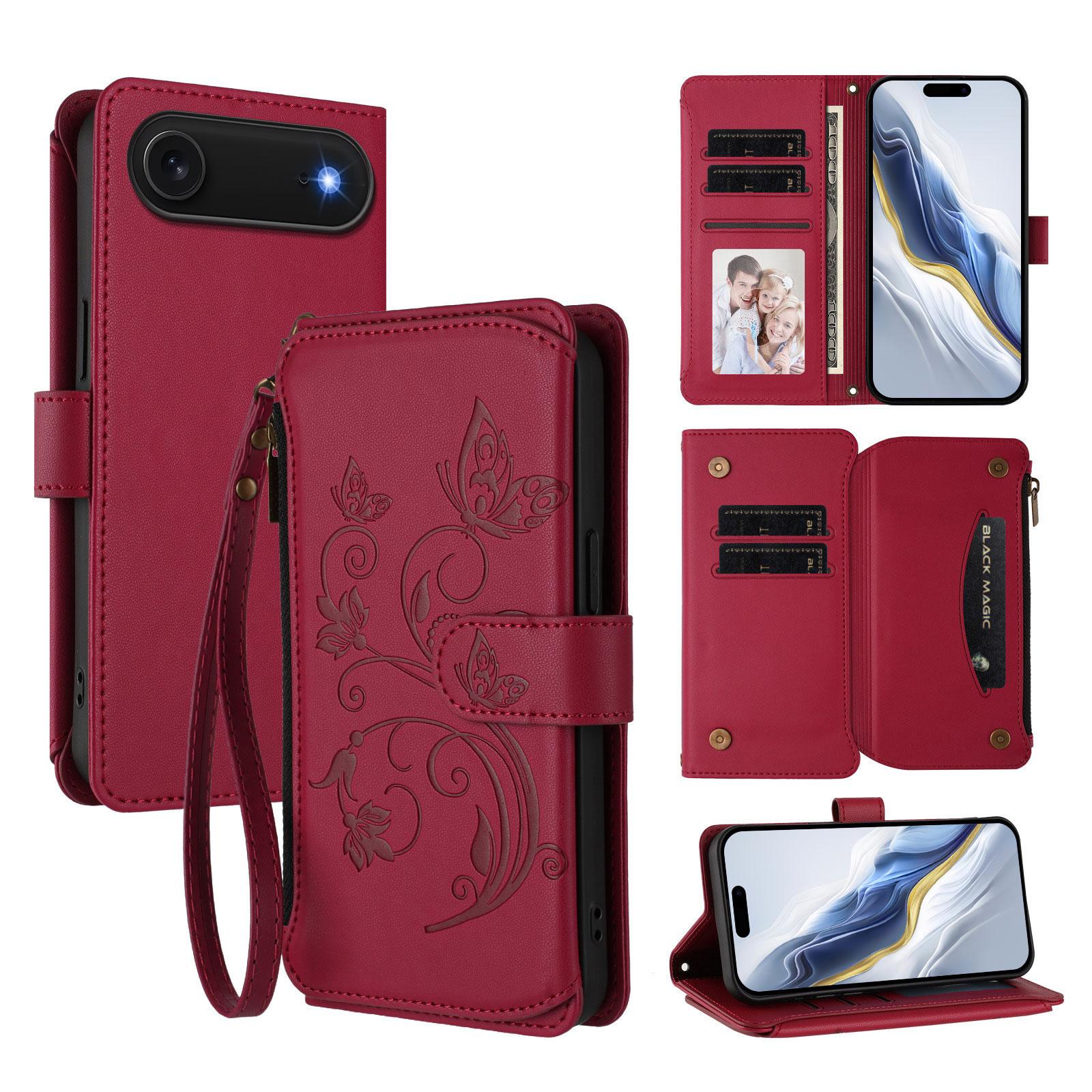 

For iPhone 17 Air Leather Case Butterfly Floral Imprint Zipper Wallet Stand Cover with Wrist Strap Wine Red
