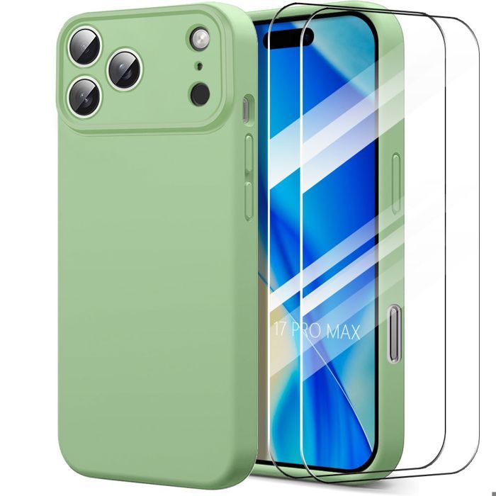 Coque de Protection - BOOLING - pour iPhone 17 Pro Max - Silicone Souple Doux - Vert - 2 Verres Trempés