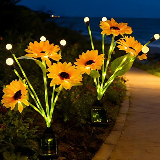 Solar Sunflower Garden Light, Waterproof Outdoor Lawn Lamp with Firefly LED Lights, Automatic On/Off Solar Powered Landscape Lamp Patio Walkway