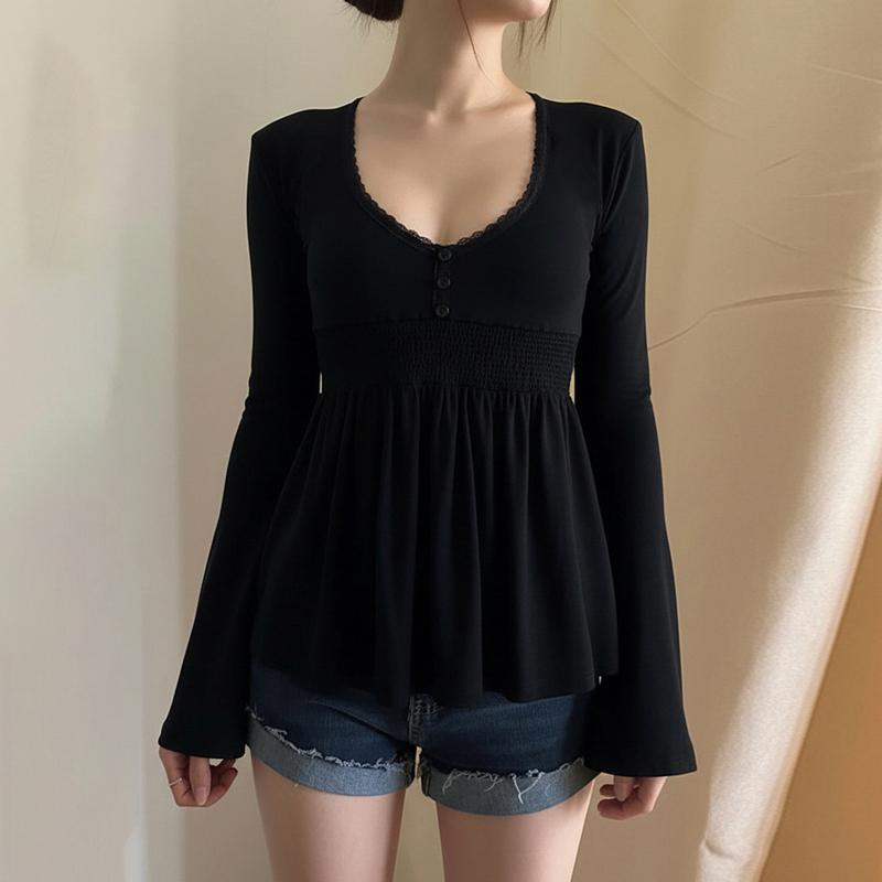 Donna Tinta Pizzo Decorazione Patchwork Bottoni Maniche Svasate Camicia Casual Scollo a V Top a Maglia Estetica Y2k Abbigliamento Autunnale Fairycore