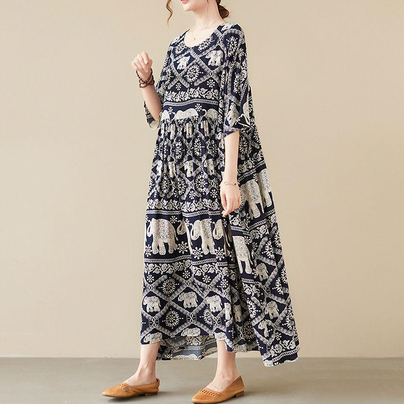 Plus Size Long Sleeve Loose Long Dress Women Striped Floral Animal Print Ladies Oversized Dresses Pleated Woman Dress