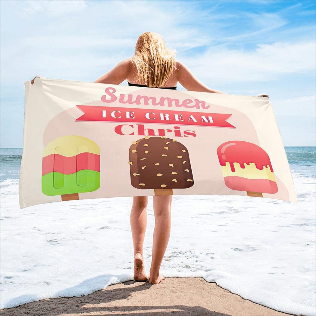 Custom Name Beach Towel Personalized Seaside Summer Beach Print Bath Towel for Kids Women Men Bath Towels for Travel Camp Swim