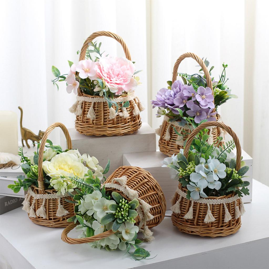 Hand Woven Wicker Basket Rattan Flower Basket for Festival Wedding Party 13x13x23cm Yellow