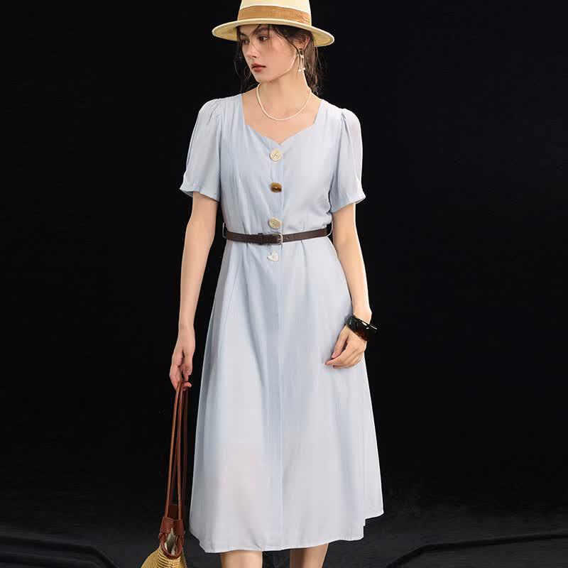 Elegant Linen Blend V-neck Tie-Waist Maxi Dress