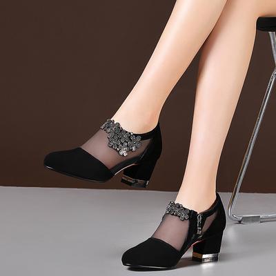 Sandalias de mujer, zapatos de tacón alto, zapatos de malla transpirables con cremallera, punta estrecha, tacones gruesos, zapatos de vestir de moda para mujer, calzado elegante