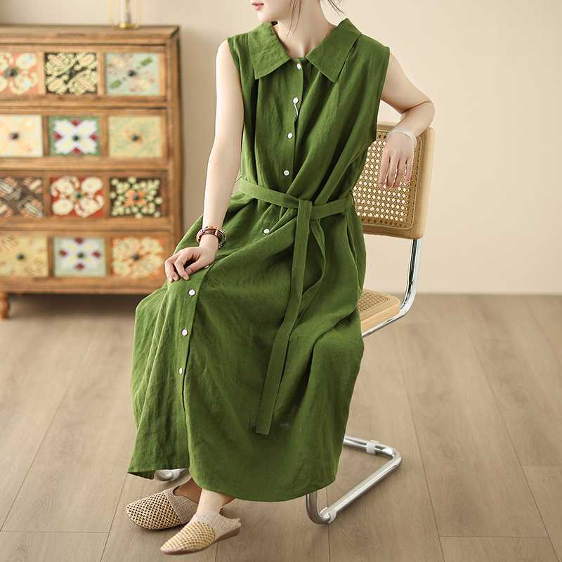 

Green Sleeveless Shirt Dress Women s Summer New Design Sense Loose and Thin Lace-up Temperament Long Skirt 2XL зелений