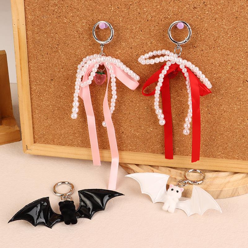 Halloweenový Vločkovaný Netopýr Kočka Klíčenka Sladká Roztomilá Mašle Perla Kroužek na Klíče Šňůrka na Telefon Přívěsek na Tašku Držák na Klíče od Auta Dárky pro Páry