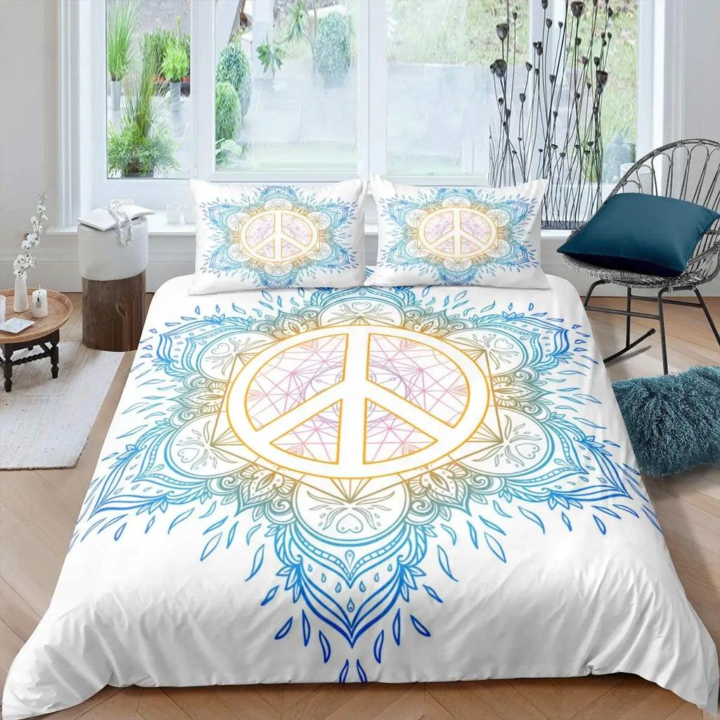 Boho Hippie Psychedelic Flowers Duvet Cover Colorful Peace Sign Bedding for Boys Girls Women Bedroom Decorative Rainbow Tie Dye