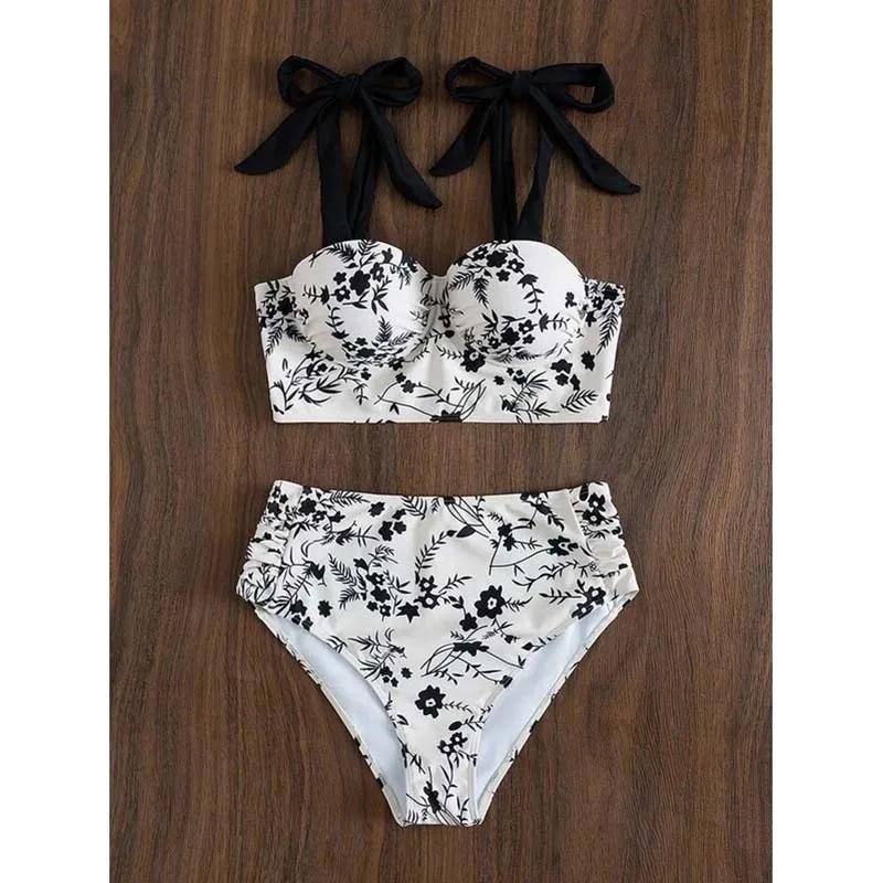Sexy High-Waist Bikini Swimsuit Women's Small Chest Gathered Swimwear New Cross-Border Print Two-Piece Female Fashionable
