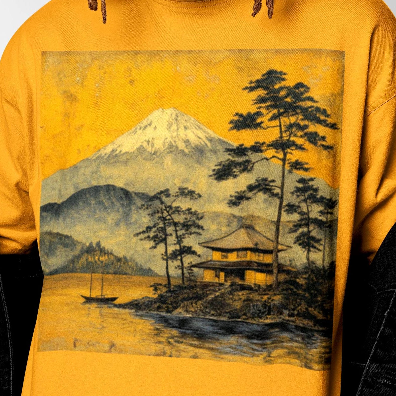 Vintage Japanese Landscape T-Shirt | Mount Fuji and Traditional House Graphic Tee | Ukiyo-e Nature Art Shirt M